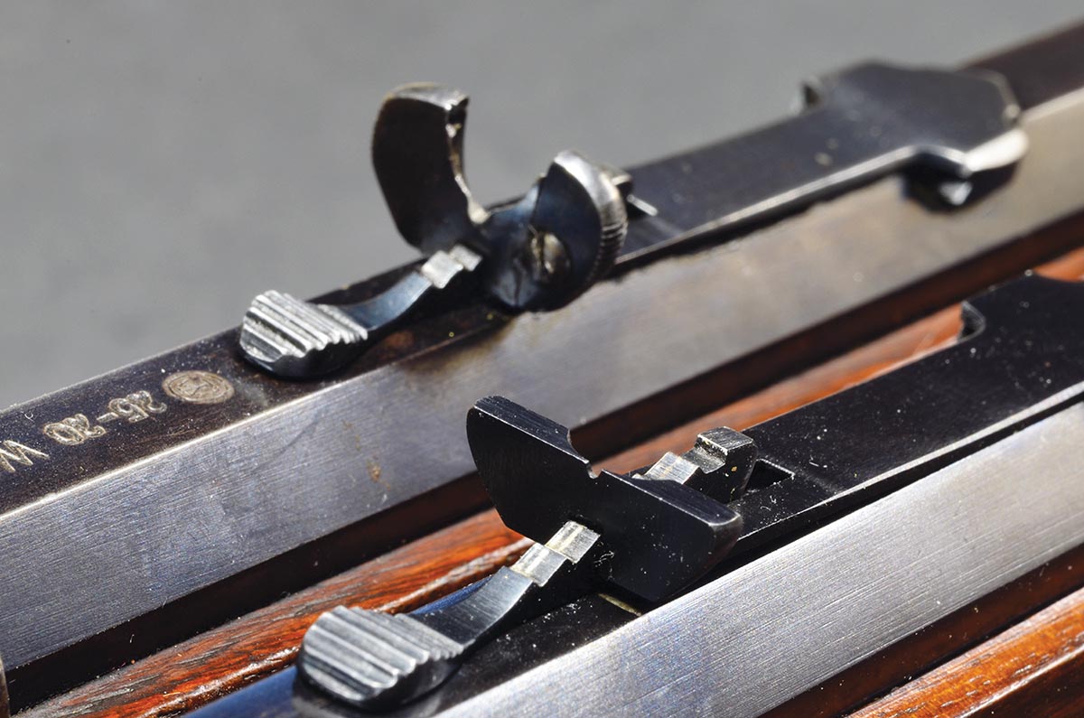 Factory sights on the Winchester Model 1892 do not lend  themselves to shooting groups measured in thousandths of an inch, but the newer ones, like the flat blade on the 1892 takedown,  are vastly superior to the older Rocky Mountain or buckhorn sight (rear).